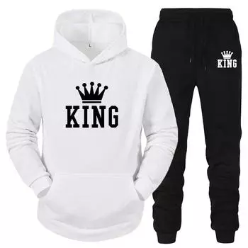 Комплект с капюшоном для пар King Queen, осенне-зимний теплый спортивный костюм + спортивные штаны, комплект из 2 предметов, мужская и женская повседневная одежда высокого качества для бега M