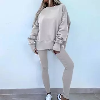 Комплект с капюшоном для женщин, повседневный, с длинными рукавами, круглым вырезом, разрезом, обтягивающие брюки L бежевый