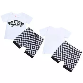 Комплект с короткими рукавами и круглым вырезом для малышей с буквенным принтом, комплект черно-белых шорт в клетку 70