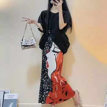 Комплект с полуюбкой, летний эластичный стройняющий принт со складками, полуюбка, прямая юбка-труба, универсальный One Size чёрный