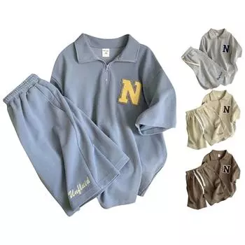 Комплект с шортами и короткими рукавами для девочек, летних учащихся средних и старших классов, свободный комплект из двух предметов L бежевый