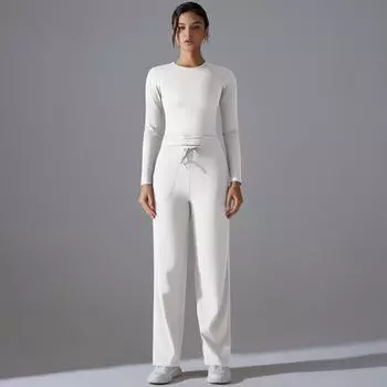 Комплект с высокой талией, подтягивающий бедра, на кулиске, с широкими брюками, нюдовый облегающий комплект для йоги, дышащий быстросохнущий костюм для бега и фитнеса на открытом воздухе для женщин S