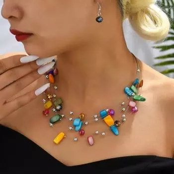 Комплект серег и ожерелья в богемном стиле, многослойный асимметричный гальванический камень, искусственный кристалл, полированный гладкий крючок, серьги, ожерелье, комплект ювелирных изделий разноцветный