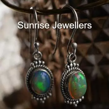 Комплект серег «Эфиопский опал Ари» от Sunrise • Серьги-подвески с зелеными драгоценными камнями, серьги-гвоздики и обруч-кольцо с подвеской • Подарок лучшему другу • ER437 Free Size синий