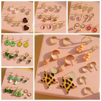 Комплект серег, простые длинные серьги с кисточками, модные милые серьги с героями мультфильмов, богемные женские серьги, комплект серег золотой