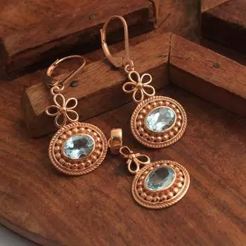 Комплект серег с подвеской из стерлингового серебра 925 пробы из розового золота с голубым топазом и декабрьским камнем розового золота