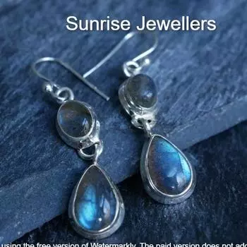 Комплект сережек Ari с лабрадоритом от Sunrise Stud Earring и обруч с подвеской • Подарок лучшему другу • Free Size чёрный