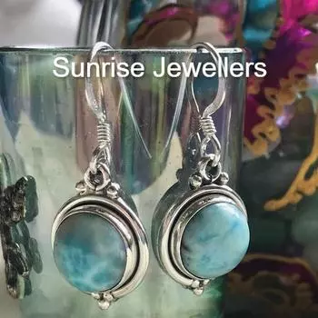 Комплект сережек Larimar Dot Ari от Sunrise Stud Earring и кольцо Huggie Hoop с подвеской • Подарок лучшему другу • Free Size синий