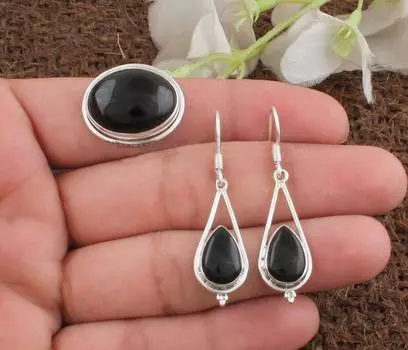 Комплект сережек с черным ониксом, Дизайнерские украшения ручной работы, Ювелирные изделия в стиле бохо, Ювелирные изделия из серебра 925 пробы, Серебряные украшения-подвески, Свадебный подарок 6 Ring Size