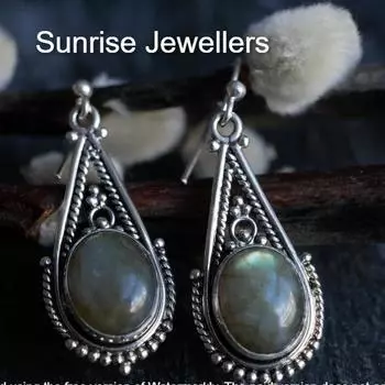 Комплект сережек с лабрадоритом от Sunrise • Серьги-подвески с зеленым драгоценным камнем, серьги-гвоздики и обруч-кольцо с подвеской • Подарок лучшему другу • ER437 Free Size чёрный