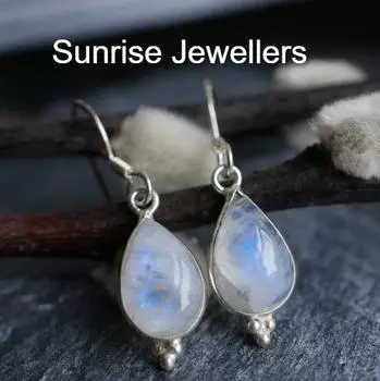 Комплект сережек с лунным камнем от Sunrise • Серьги-подвески с зеленым драгоценным камнем, серьги-гвоздики и обруч-кольцо с подвеской • Подарок лучшему другу • ER437 FRee Size синий