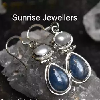 Комплект сережек с жемчугом и кианитом от Sunrise • Серьги-подвески с зелеными драгоценными камнями, серьги-гвоздики и обруч-кольцо с подвеской • Подарок лучшему другу • ER437 Free Size синий