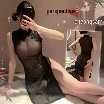 Комплект сексуального нижнего белья Man Yan с открытыми плечами, ципао: Прозрачный дизайн с разрезом на высокой талии One Size