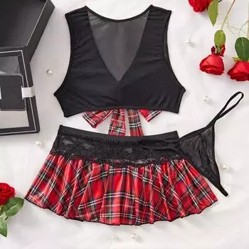 Комплект сексуального нижнего белья, сексуальная униформа, соблазнительная клетчатая юбка, перспектива, подтяжки, студенческая одежда, комплект для секса S