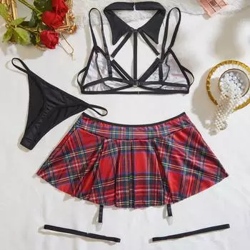 Комплект сексуального нижнего белья, сексуальная униформа, соблазнительная клетчатая юбка, кружевные подтяжки, студенческая одежда, комплект для секса S