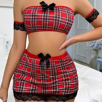 Комплект сексуального нижнего белья, сексуальная униформа, соблазнительная клетчатая юбка, кружевные подтяжки, студенческая одежда, комплект для секса S