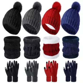 Комплект шапка шарф и перчатки женские, 3 в 1 зимний комплект шапка перчатки шарф, шапка шапка шарф перчатки, термо-теплый вязаный, зимняя шапка утеплитель для шеи чёрный