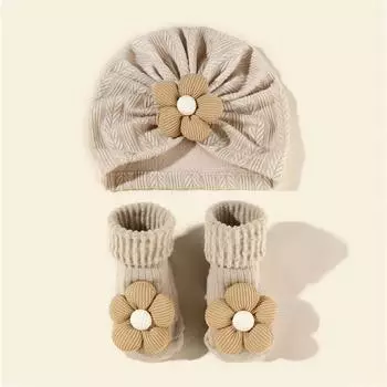 Комплект Шапочка с цветком и носки для новорожденных девочек, короткие носки-гольфы + шапка-тюрбан, эластичные мягкие детские индийские шапочки 0-12 месяцев, подарок для малыша Cuterus