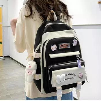 Комплект школьных сумок для девочек, милый легкий рюкзак для учеников средней школы, женский дорожный рюкзак с подвеской в виде медведя чёрный