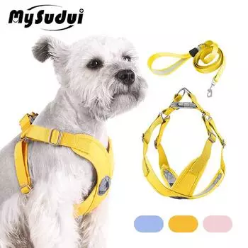 Комплект шлейки и поводка для собак без удушья, сверхмощный дышащий мягкий жилет для домашних животных, регулируемый прочный поводок для собак, противоскользящий тяговый поводок S 36-43cm Chest розовый