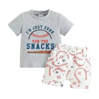 Комплект шорт для маленьких мальчиков 3, 6, 12, 18, 24 месяца, 3 года, футболка с короткими рукавами и круглым вырезом с буквенным принтом и шорты с бейсбольным узором, комплект из 2 предметов 6-12 Months серый