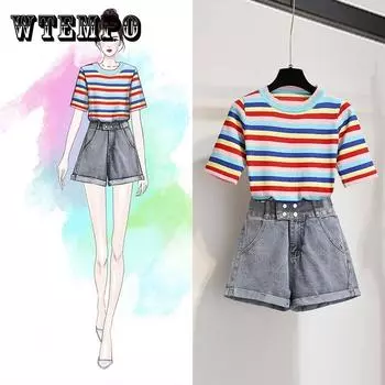 Комплект шорт, летняя эластичная футболка в радужную полоску, джинсовые шорты, комплект из двух женских футболок XXL