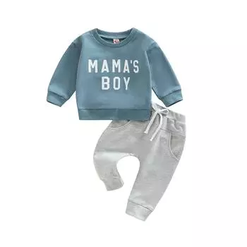 Комплект штанов для маленьких мальчиков, толстовка с круглым вырезом с длинными рукавами и буквенным принтом, спортивные штаны на эластичной резинке на талии, осенний наряд 0-6 Months синий