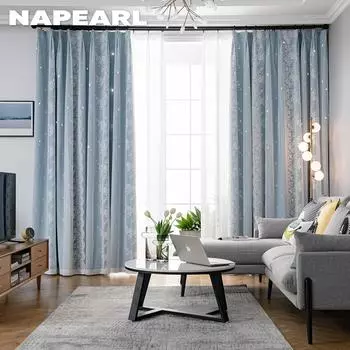Комплект штор NAPEARL Hollow Star Blackout и кружевных прозрачных штор, интегрированная газовая штора и занавеска для гостиной, спальни, домашнего декора W100cm x L130cm синий