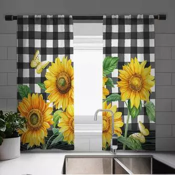 Комплект штор с принтом подсолнухов в винтажном стиле, элегантные шторы для окон, 2 панели для кафе, полиэстеровое жаккардовое переплетение, художественная кухня в фермерском стиле 100W130H(CM)40x51in&rod pocket
