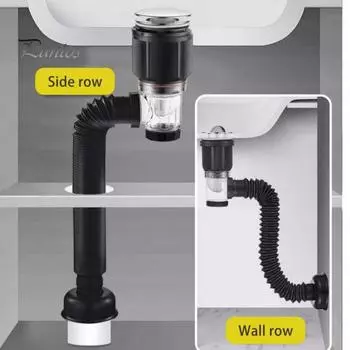 Комплект сливного отверстия для раковины в ванной с гибким расширяемым P-образным сифоном, герметичным, предотвращающим появление запахов, простая установка, гибкий комплект сливных труб для раковины A чёрный