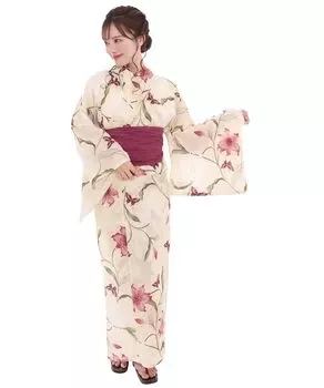 Комплект сменной одежды юката heiko AB, размер подходит для комплекта Scarlet Lily Butterfly [KYOETSU], плетение, неотбеленное, двухкомпонентный, 4 предмета (юката, оби, нижнее белье, гэта),