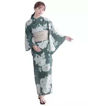 Комплект сменной одежды юката heiko E Classic зеленый [KYOETSU], плетеный, неотбеленный, 6 предметов (юката, оби, нижнее белье, гэта, пояс) Женский (4. пион)