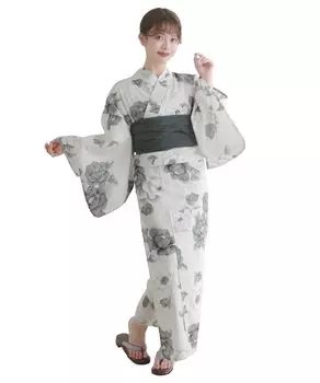 Комплект сменной одежды юката heiko waist H Milky one size fit [KYOETSU], плетение, неотбеленный, 6 предметов (юката, оби, нижнее белье, сабо, ремешок), Женский (3. пепел,