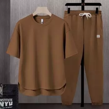 Комплект со свободным костюмом, однотонная мужская футболка, летний дневной тренд, брюки с круглым низом и короткими рукавами, дышащий комплект из двух предметов S белый