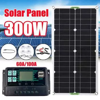 Комплект солнечной панели 300 Вт, полный двойной USB 12/5 В постоянного тока с солнечным контроллером 60 А/100 А, солнечные элементы для автомобиля, яхты, автофургона, зарядное устройство