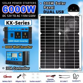 Комплект солнечной системы, инвертор 6000 Вт, контроллер 30 А, солнечная панель 300 Вт, 12 В до 220 В/110 В, интеллектуальная зарядка и разрядка для кемпинга 110V