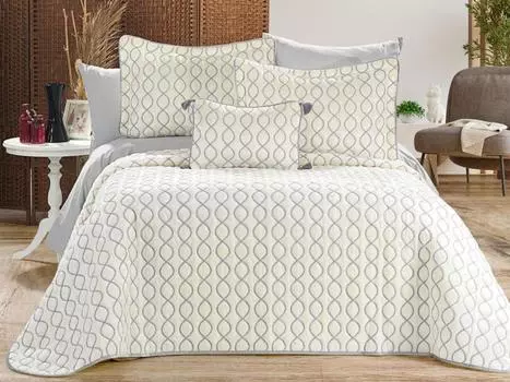 Комплект стеганого постельного белья Brillance 4 шт, Покрывало 250х250, Наволочка 50х70, Двойной размер, Бархат, Свадьба, Кремово-серый