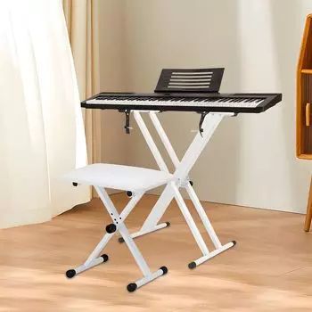 Комплект стойки для клавиатуры и скамьи Стойка для клавиатуры Дизайн цифрового пианино Прочный и крепкий Пылезащитная крышка в комплекте Высота Толстый Усиленный 4 Устойчивые ножки белый