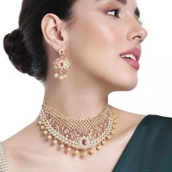 Комплект свадебного колье-колье Estele с позолоченным цирконием, красными кристаллами и жемчугом для женщин