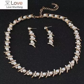 Комплект свадебных ожерелья и сережек Jiayijiaduo, золотистого цвета, свадебные аксессуары, ювелирные изделия, женский комплект ювелирных изделий, дропшиппинг