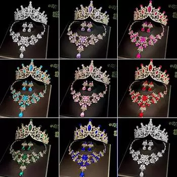 Комплект свадебных украшений из 3 предметов с кристаллами - элегантная корона, сверкающие серьги и ожерелье - гламурные украшения из страз для свадеб зелёный