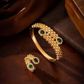 Комплект свадебных украшений изумрудно-зеленого фианита, арабский открывающийся браслет и кольцо, роскошные свадебные аксессуары в Дубае