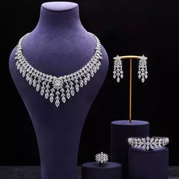 Комплект свадебных украшений, ожерелье из позолоченной меди с цирконами цвета конского глаза 3А, серьги и цепочка для женщин.