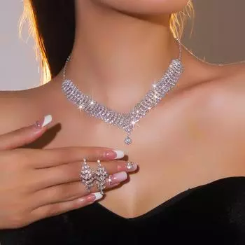 Комплект свадебных украшений, роскошное европейское и американское бриллиантовое колье, серьги, комплект из двух предметов, модное трендовое колье, украшения для ушей.