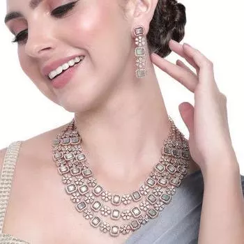 Комплект сверкающего трехслойного ожерелья Estele с покрытием из розового золота и цирконами, мятно-зелеными и белыми кристаллами для женщин