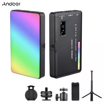 Комплект светодиодной видеолампы Andoer W140 RGB Карманное освещение для видеоконференций CRI95+ 2500K-9000K с регулируемой яркостью 20 чёрный