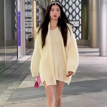 Комплект свитера 2023, осенне-зимний дизайн, корейский свободный свитер с капюшоном, темпераментный шарф средней длины, кардиган, женский топ