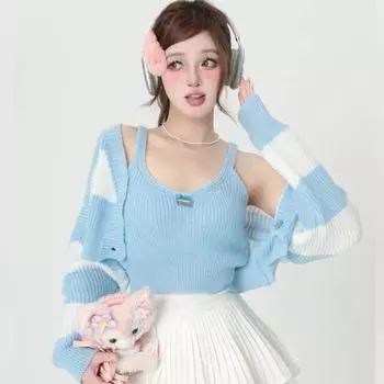 Комплект свитера на весну и осень, милый маленький свежий корейский полосатый свитер, кардиган, майка, комплект из двух предметов, короткий вязаный свитер