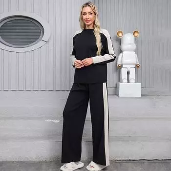 Комплект свитера с полуводолазкой, осенне-зимний комплект из двух предметов, контрастные цветные широкие брюки, модный трикотажный комплект из двух предметов one size чёрный