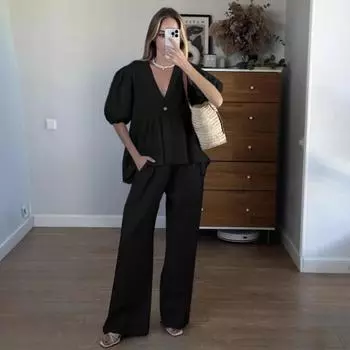 Комплект свободных брюк из хлопка и льна, повседневный, с V-образным вырезом и рукавами-фонариками, 2025, летний праздничный уличный наряд, новый S синий